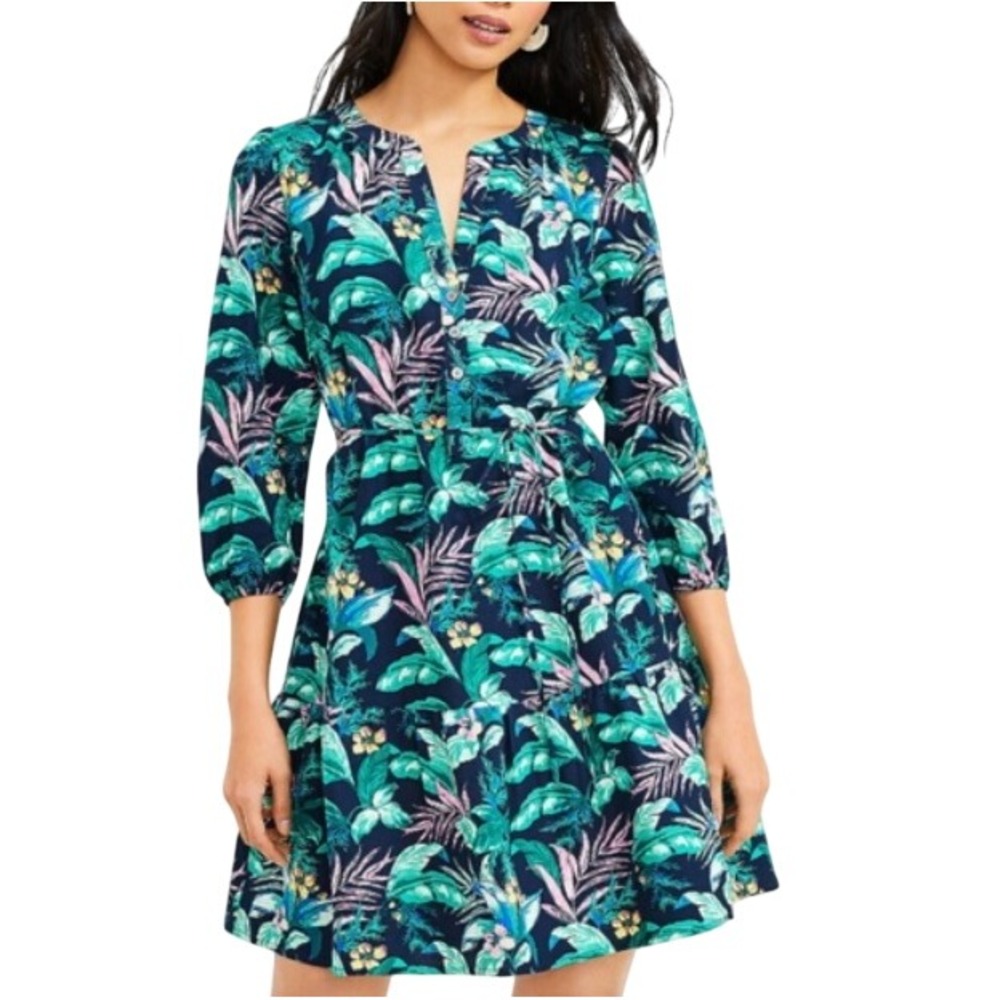Loft Tropical Floral Linen Blend Tiered Dress Petite Medium Green Blue